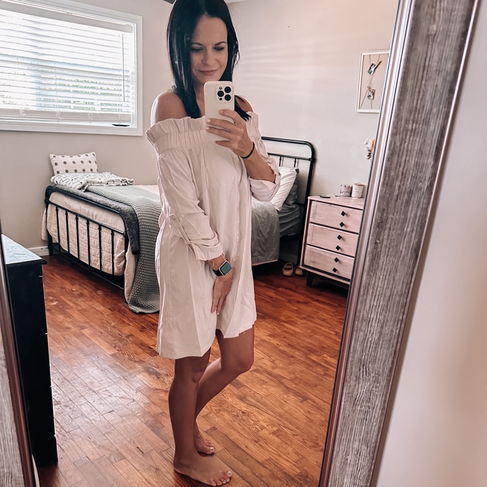 minkpink neutral linen off shoulder button front dress